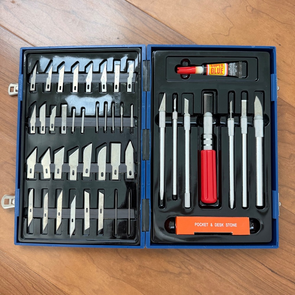 50 Piece Precision Hobby Knife Set with Blades Handles Sharpening Stone Glue